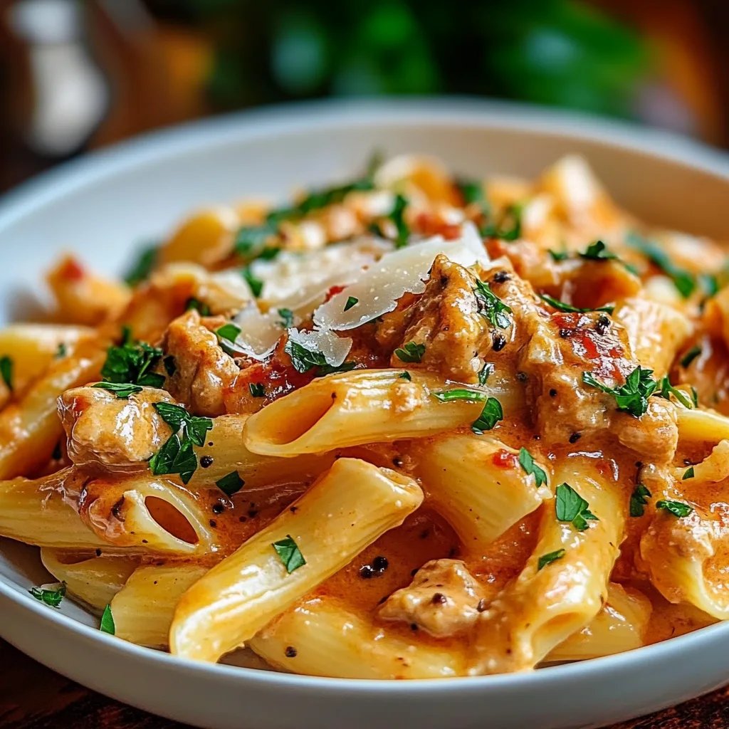 Nudeln mit Hähnchen in cremiger Paprikasoße