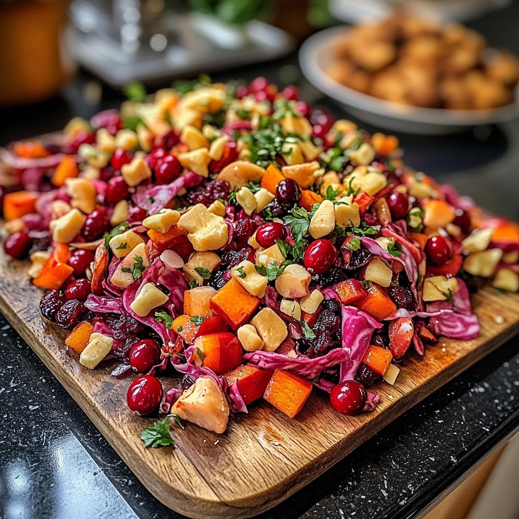 Wintersalat mit Butternutkürbis, Rosenkohl, Cranberries, Pekannüssen und Roter Bete