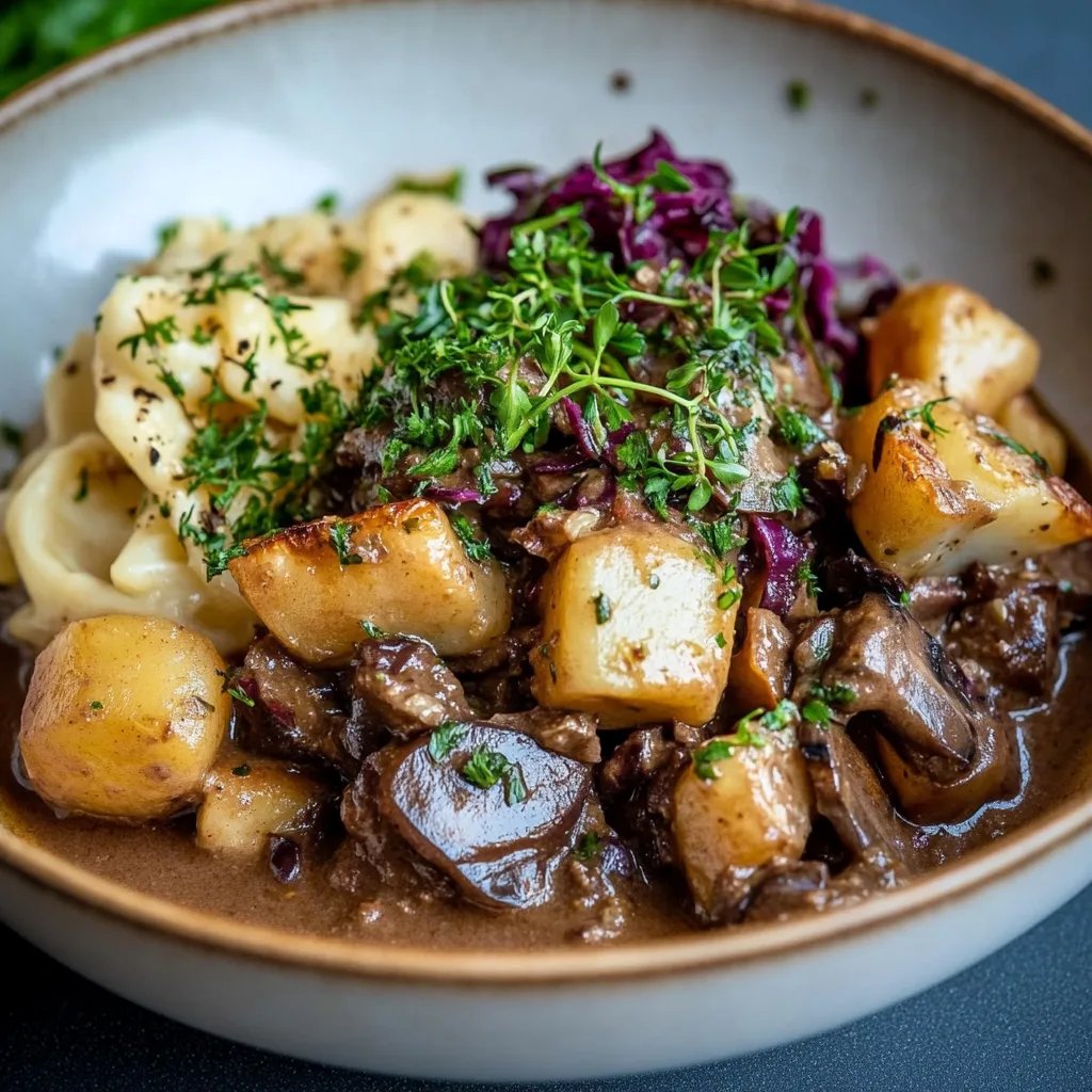 Herzhaftes Pilz-Maronen Ragout mit Ofenknödeln und Rotkraut